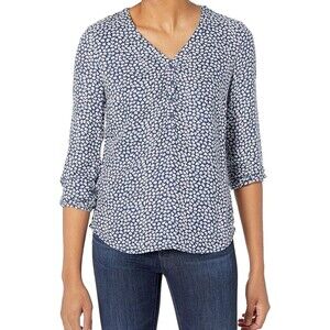 Amazon Essentials Women's M 3/4 Sleeve Button Popover Shirt Navy White Petals
